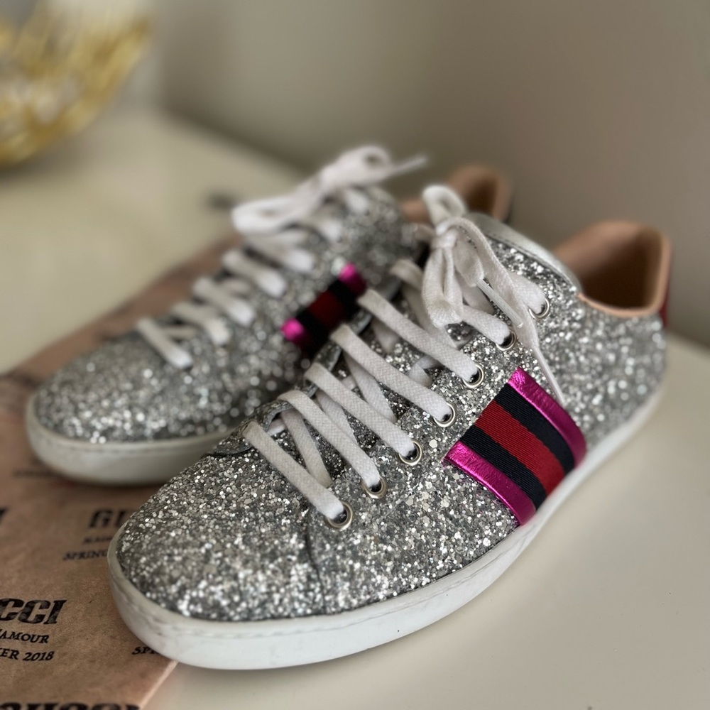 Gucci silver glitter ACE sneaker, size 8 (37)- worn twice!